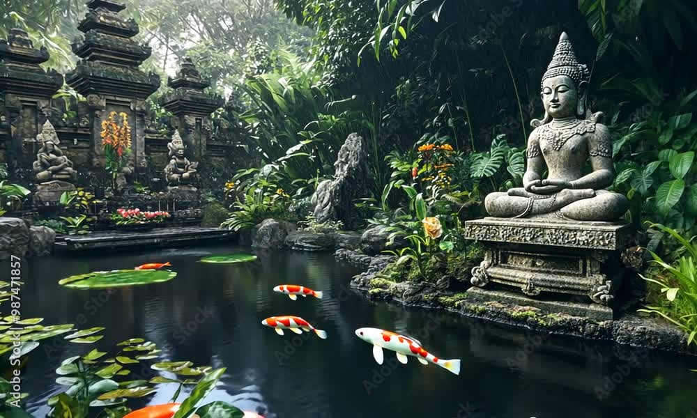 Serene Garden with Stone Statues and Koi Fish
