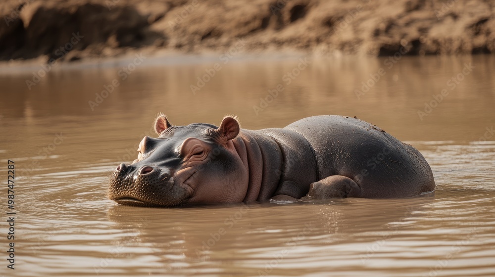 Fototapeta premium A playful baby hippo rolling in shallow water near the riverbank, with its mother watching from a distance under the afternoon sun.