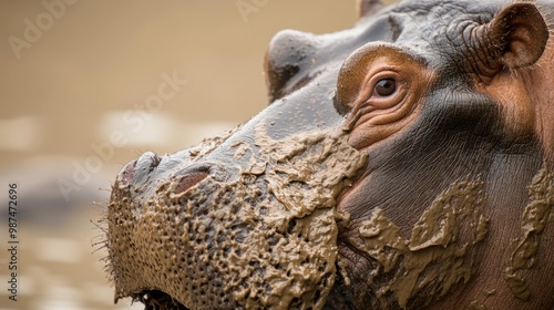 Close-up shot of a hippopotamus textured skin, revealing the intricate patterns and layers of mud caked on its body, with a blurred watery background.