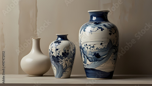 abstract illustration that merges the crisp details of porcelain painting with flowing shapes and muted blue, cream, and ivory tones, resembling the artistic quality of hand-painted porcelain vases photo