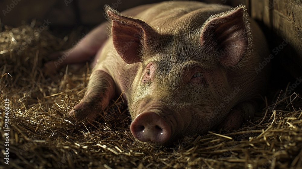 A pig lying atop a heap of hay adjacent to another stack of hay on top of a pile of dry grass A pig lying atop a heap of hay adjacent to another stack of hay on top of a pile of dry grass