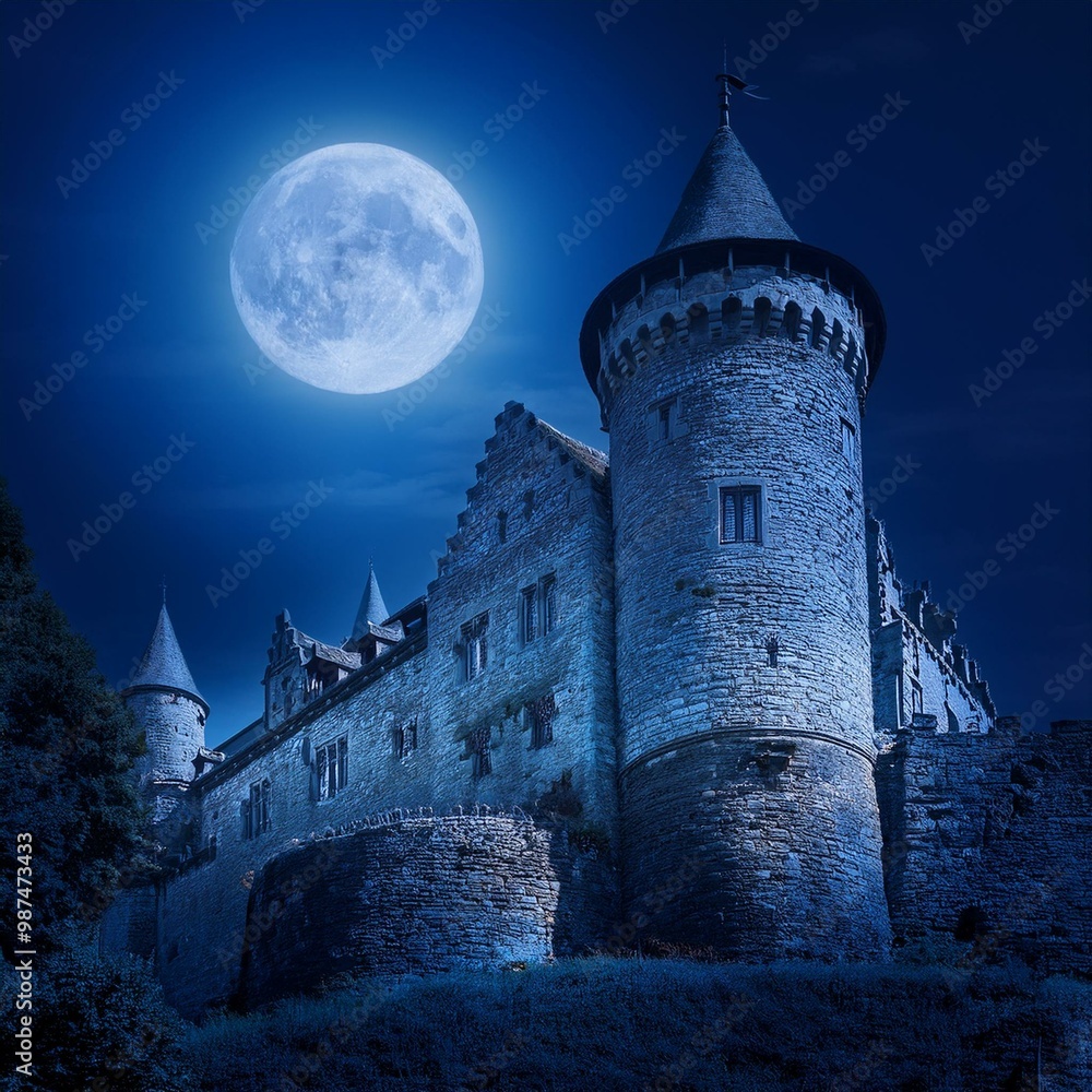 Fototapeta premium 달빛이 내리쬐는 고대의 성 푸른 달빛이 성의 돌벽을 부드럽게 비추고, 창문 틈새로 들어오는 빛이 그림자처럼 성 내부를 감싼다. 성 안은 고요하지만, 은은한 바람이 오래된 기억을 되살리는 듯하다.