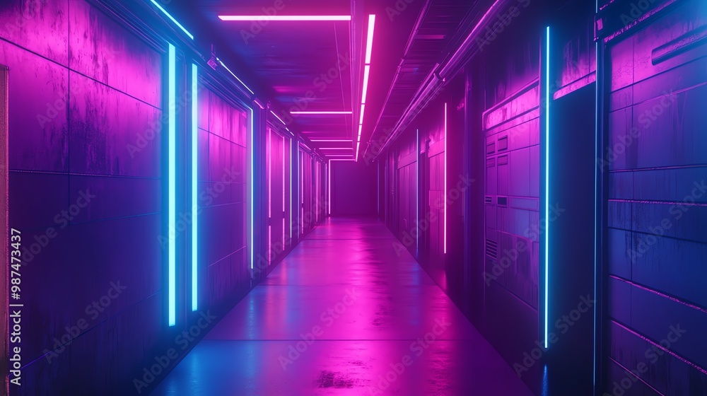 A dark, mysterious hallway lit with neon pink and blue lights. A dark, mysterious hallway lit with neon pink and blue lights.