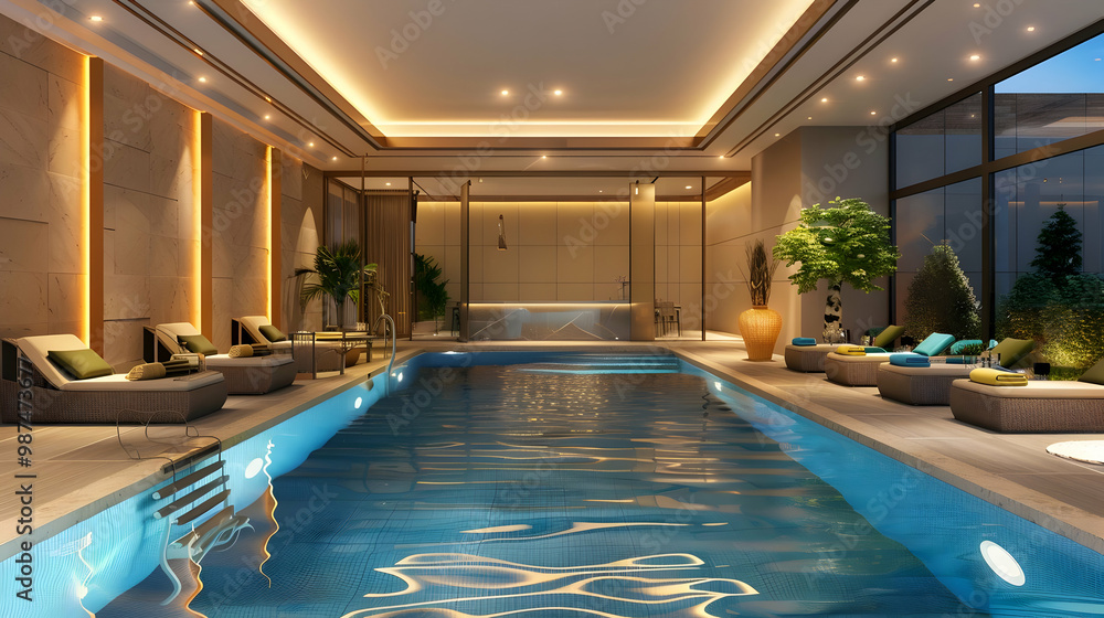 Fototapeta premium Modern Indoor Pool Design with Lounge Chairs and Minimalist Architecture