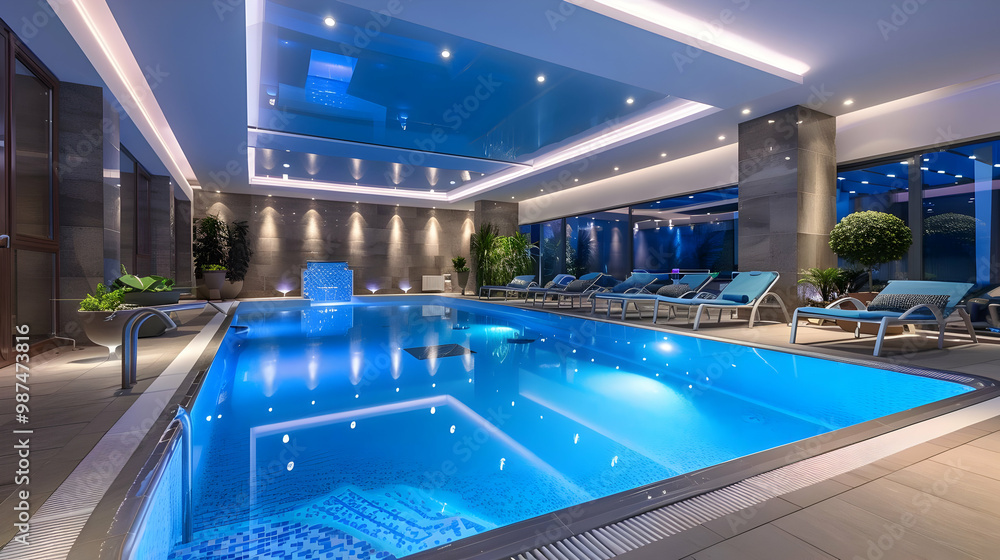 Fototapeta premium Modern Indoor Swimming Pool with Luxury Lounge Chairs