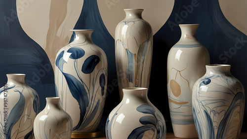 abstract illustration that merges the crisp details of porcelain painting with flowing shapes and muted blue, cream, and ivory tones, resembling the artistic quality of hand-painted porcelain vases photo