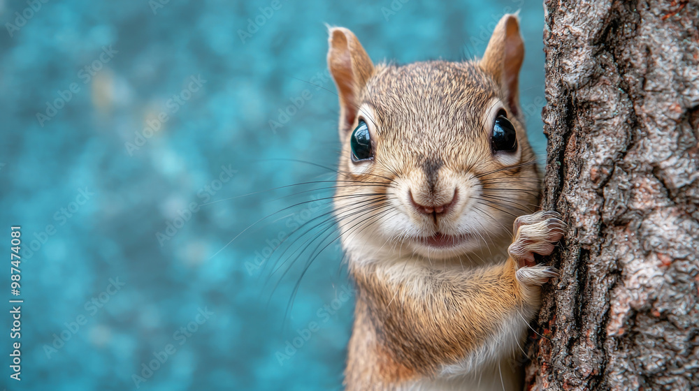 Obraz premium A curious squirrel peeks out from behind a tree.