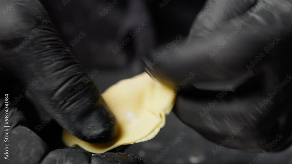 Chef In Black Gloves Creating Stuffed Pasta Chef In Black Gloves Creating Stuffed Pasta