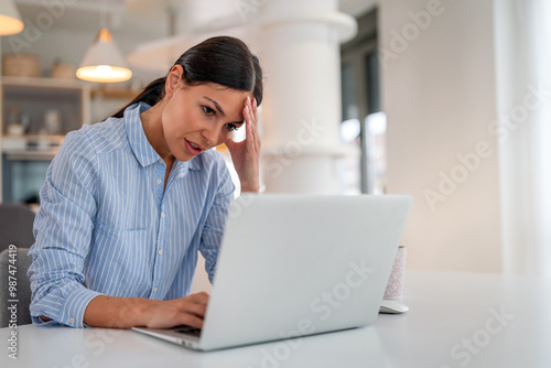 Εκτύπωση καμβά Frustrated businesswoman at office desk, feeling tired after unproductive work,