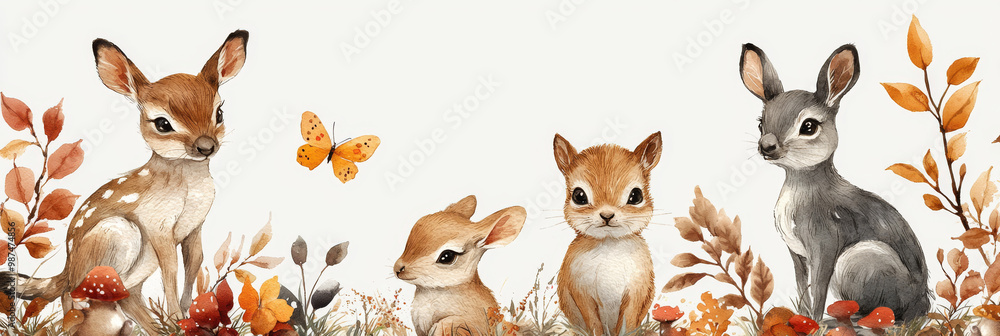 Naklejka premium Cute woodland animals gathered together in a watercolor illustration.