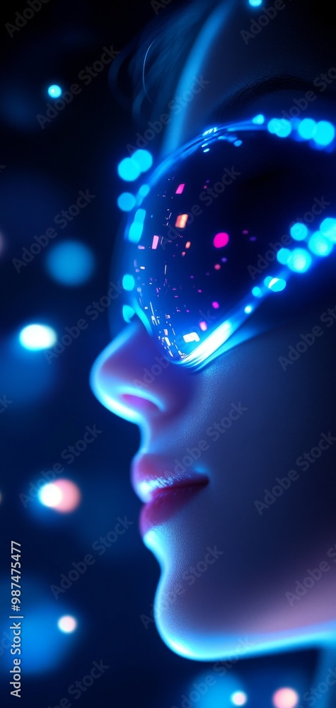 Close-up of a woman with glowing sunglasses and vibrant lights in the background. Close-up of a woman with glowing sunglasses and vibrant lights in the background.