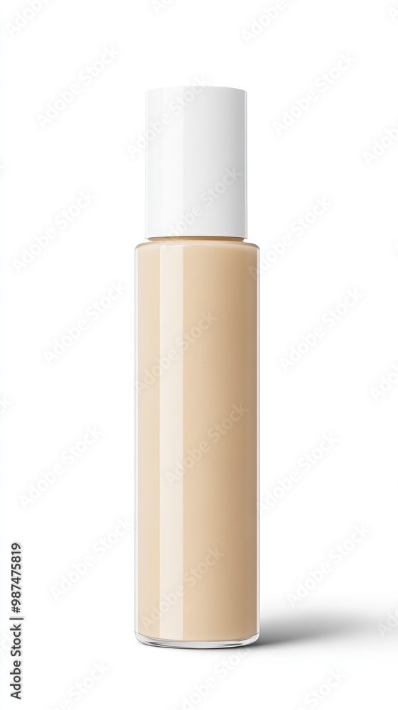 A bottle of light-colored liquid foundation sits open, revealing a creamy texture against a clean white background, highlighting its high-definition details A bottle of light-colored liquid foundation sits open, revealing a creamy texture against a clean white background, highlighting its high-definition details
