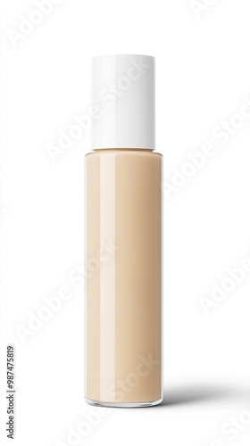 A bottle of light-colored liquid foundation sits open, revealing a creamy texture against a clean white background, highlighting its high-definition details