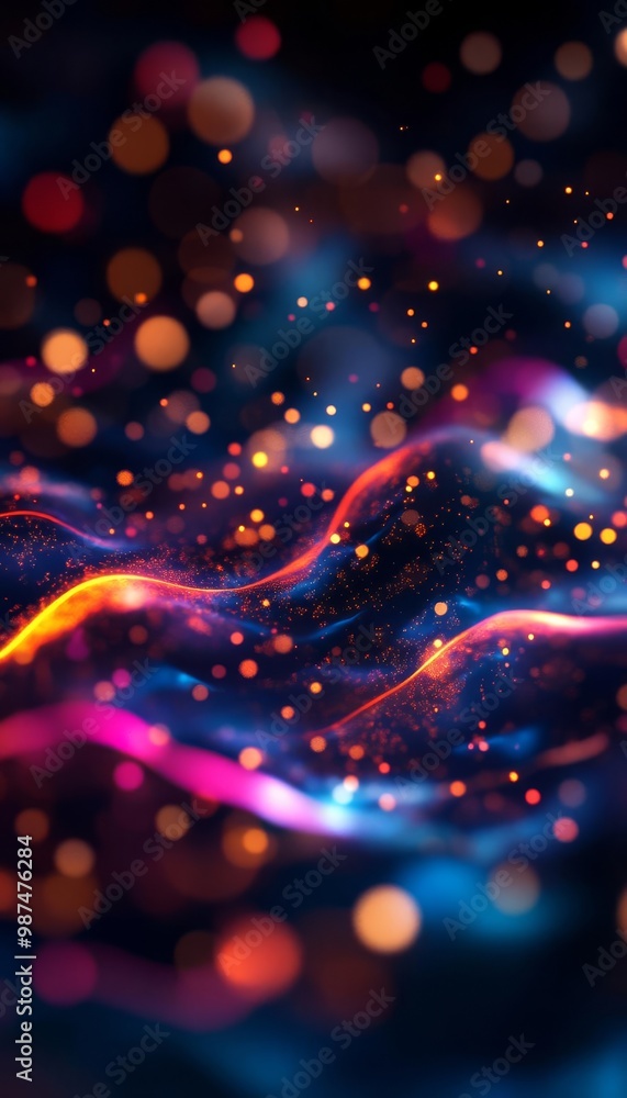 Colorful abstract wave pattern with glowing lights and bokeh effect on dark background. Colorful abstract wave pattern with glowing lights and bokeh effect on dark background.
