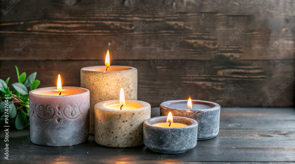 Concrete-textured candles with a minimalistic aesthetic, arranged on a dark wooden surface for a cozy and peaceful ambiance. Concrete-textured candles with a minimalistic aesthetic, arranged on a dark wooden surface for a cozy and peaceful ambiance.