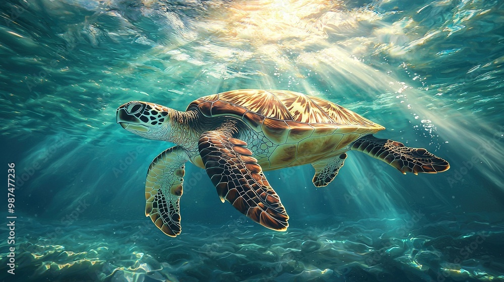 Fototapeta premium Painting of a turtle swimming in the sunlit sea with its head above water