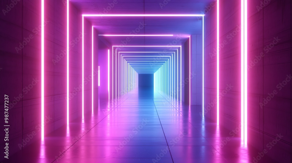 A long, glowing hallway lit with neon pink and blue lights. A long, glowing hallway lit with neon pink and blue lights.