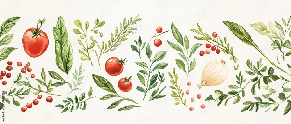 Colorful illustration of herbs, vegetables, and fruits on a white background. Colorful illustration of herbs, vegetables, and fruits on a white background.