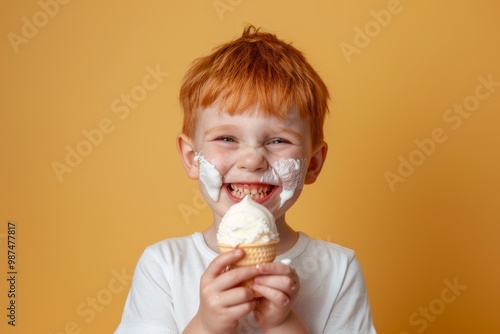 Bright and upbeat child enjoying sunlit day park. Carefree child reveling simple joys of childhood. Child indulges in a tasty ice cream cone.