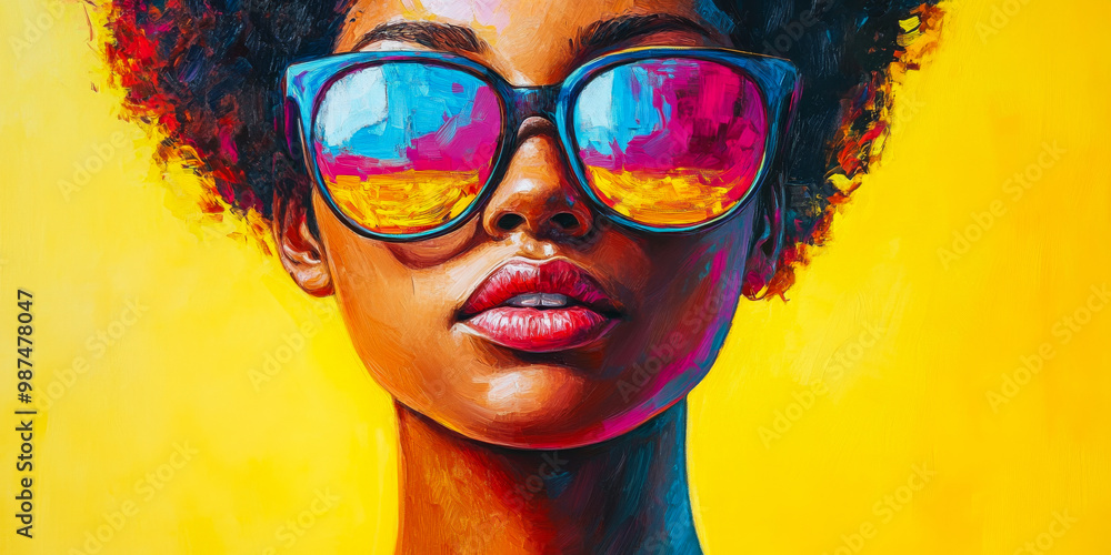 A vibrant portrait of a woman with curly hair wearing oversized sunglasses against a bright yellow background A vibrant portrait of a woman with curly hair wearing oversized sunglasses against a bright yellow background