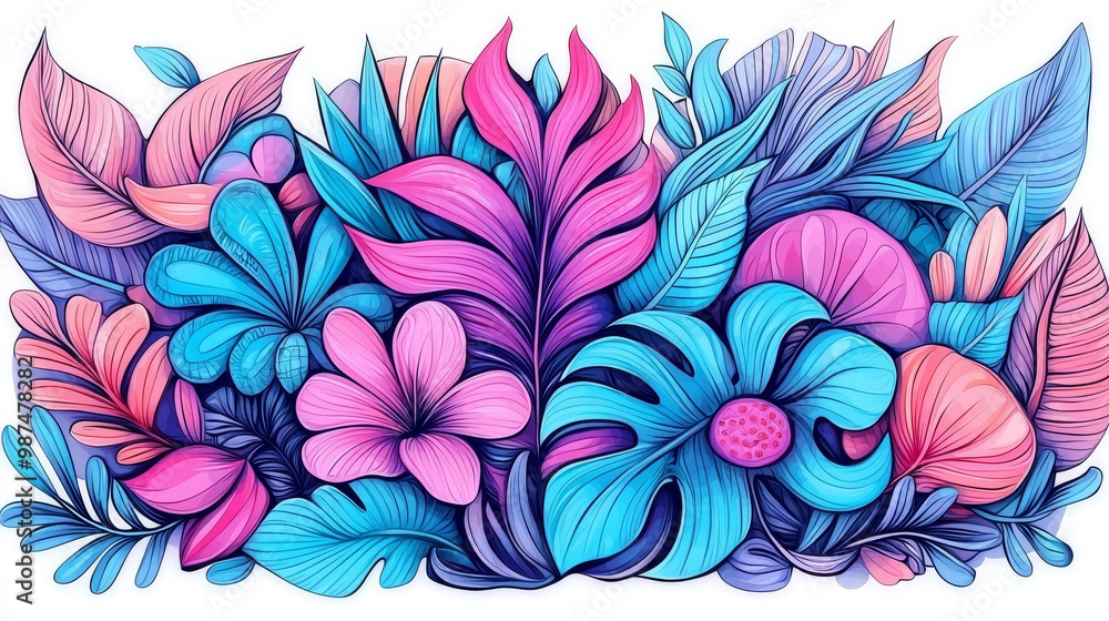 Vibrant tropical foliage in pink and blue hues. Vibrant tropical foliage in pink and blue hues.