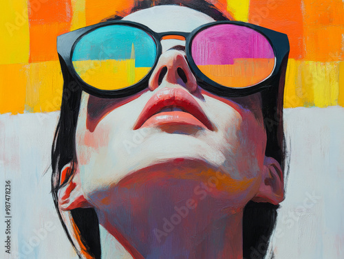 A woman wearing large sunglasses gazes upwards, enjoying a vibrant summer day, with colorful patterns behind her at a sunny location