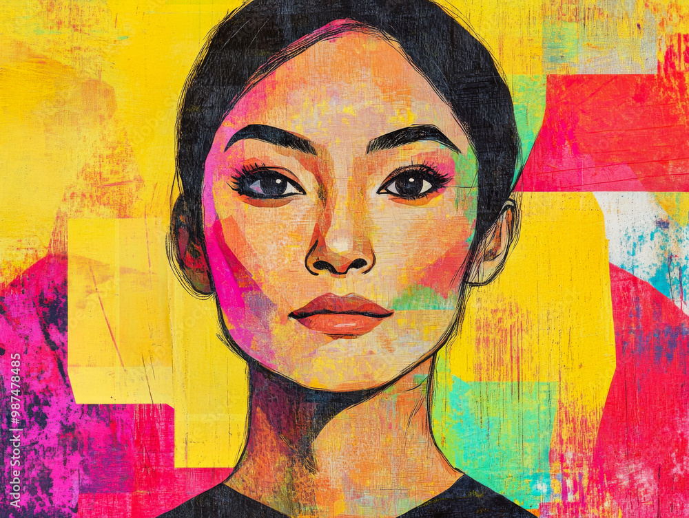 Vibrant artistic portrait of a woman with a colorful background filled with abstract shapes and bold hues Vibrant artistic portrait of a woman with a colorful background filled with abstract shapes and bold hues