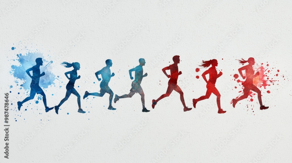 Watercolor Silhouette of Runners in a Race Watercolor Silhouette of Runners in a Race