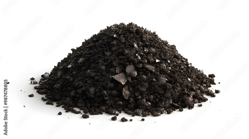 3D illustration of organic compost with rich, dark soil texture, showing a pile of nutrient-dense earth. The compost is detailed with small organic particles, giving a natural and realistic 3D illustration of organic compost with rich, dark soil texture, showing a pile of nutrient-dense earth. The compost is detailed with small organic particles, giving a natural and realistic