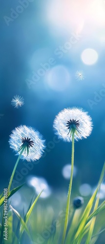 Dandelions in a vibrant field with a soft bokeh background.
