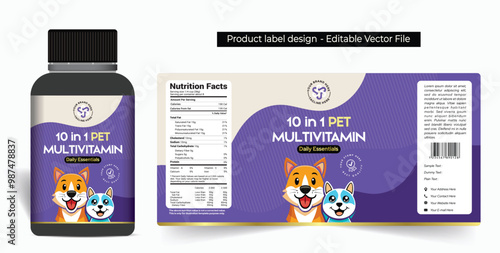 Dog Cat Pet Multivitamin label design, Supplement Label Design, Dog Cat health Product Jar Packaging Design Illustration editable vector template file download