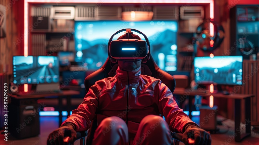 Gamer Wearing VR Headset Sitting in a Chair in Front of a Computer Screen Gamer Wearing VR Headset Sitting in a Chair in Front of a Computer Screen