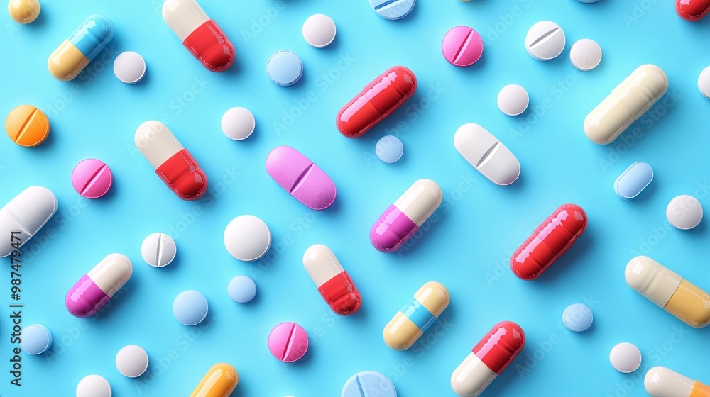 Assorted Pills and Capsules on a Blue Background Assorted Pills and Capsules on a Blue Background