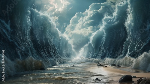 Moses parting the red sea  a realistic depiction of the biblical miracle and safe passage