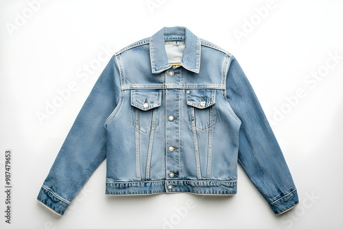 Modern blue jeans denim jacket isolated with clipping path Jeans jacket Wrangler blue color, isolated on white background. The Wrangler brand is owned photo