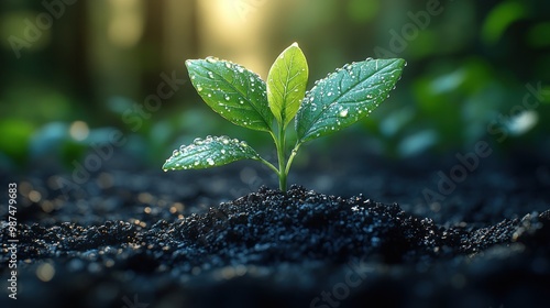 A young plant sprouting in rich soil, glistening with dew.