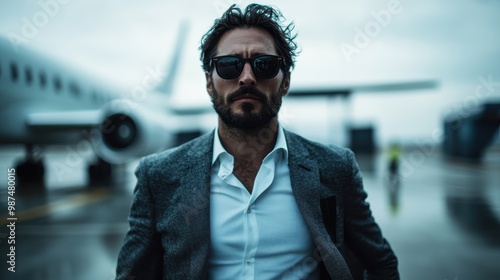 A sophisticated man in a sleek suit and sunglasses stands confidently by an airplane, conveying ambition, luxury, and readiness against an overcast sky background. photo