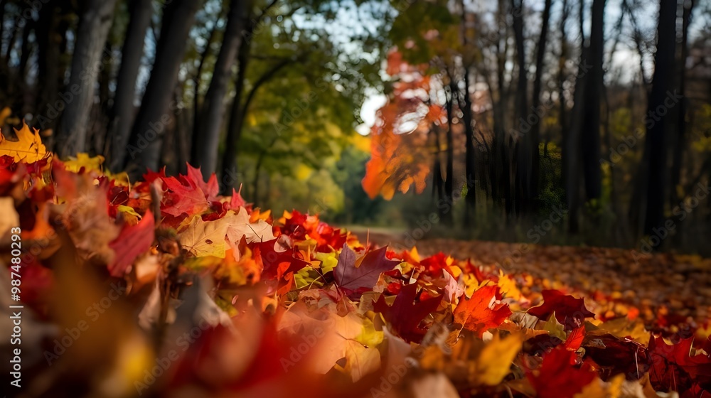 Autumn Leaves in Forest with Blurred Trees Background Autumn Leaves in Forest with Blurred Trees Background