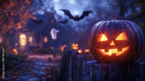 Decorative pumpkins illuminated for Halloween at twilight, with bats flying and a spooky atmosphere in a rural setting
