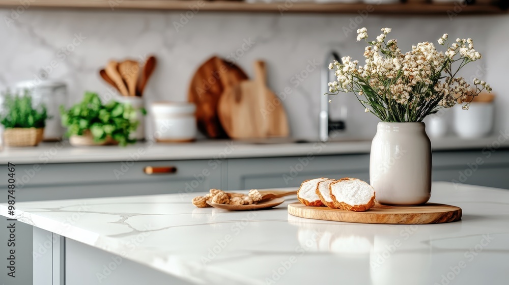 A modern kitchen features a marble countertop adorned with a vase of flowers, chopping boards, and other kitchen decor items, giving a cozy and elegant feel. A modern kitchen features a marble countertop adorned with a vase of flowers, chopping boards, and other kitchen decor items, giving a cozy and elegant feel.