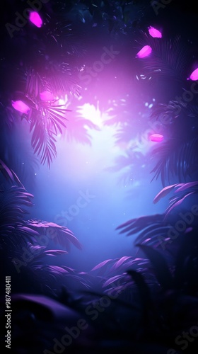 Enchanted jungle scene with vibrant lights and lush foliage, mystical atmosphere.