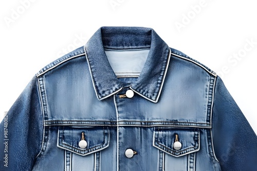 Modern blue jeans denim jacket isolated with clipping path Jeans jacket Wrangler blue color, isolated on white background. The Wrangler brand is owned photo