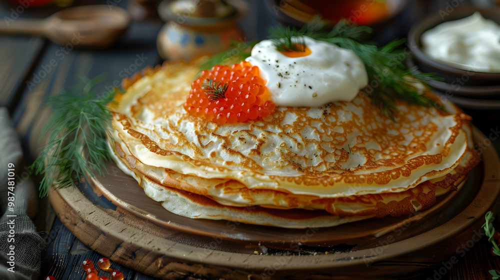 Delicious Crepes with Red Caviar and Sour Cream Traditional Russian Food Delicious Crepes with Red Caviar and Sour Cream Traditional Russian Food