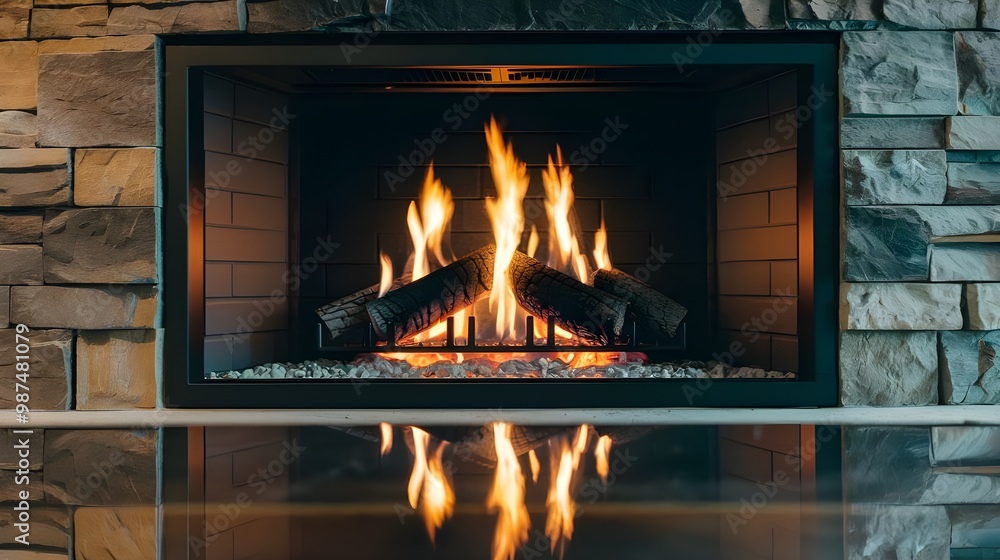 Modern Fireplace with Burning Firewood Logs and Stone Surround Modern Fireplace with Burning Firewood Logs and Stone Surround