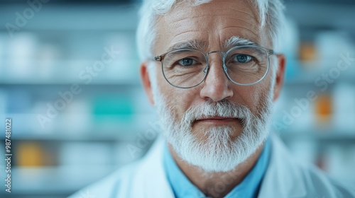 A wise pharmacist with distinguished white hair and glasses appears thoughtful within a sophisticated pharmacy, highlighting dedication, intellect, and healthcare service commitment.