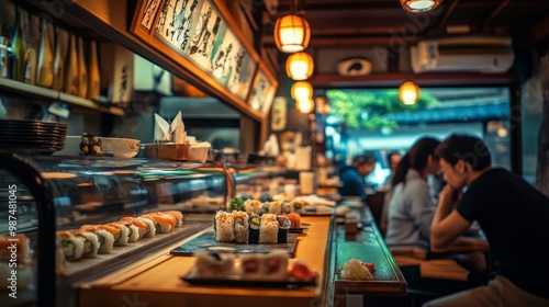 A cozy Japanese restaurant interior with customers enjoying sushi and sashimi dishes, soft lighting, and traditional decor in the background.