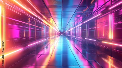 A futuristic hallway with bright, glowing neon lights in blue, pink, and orange.