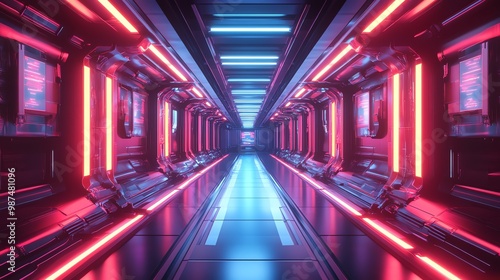 Futuristic, neon-lit corridor.