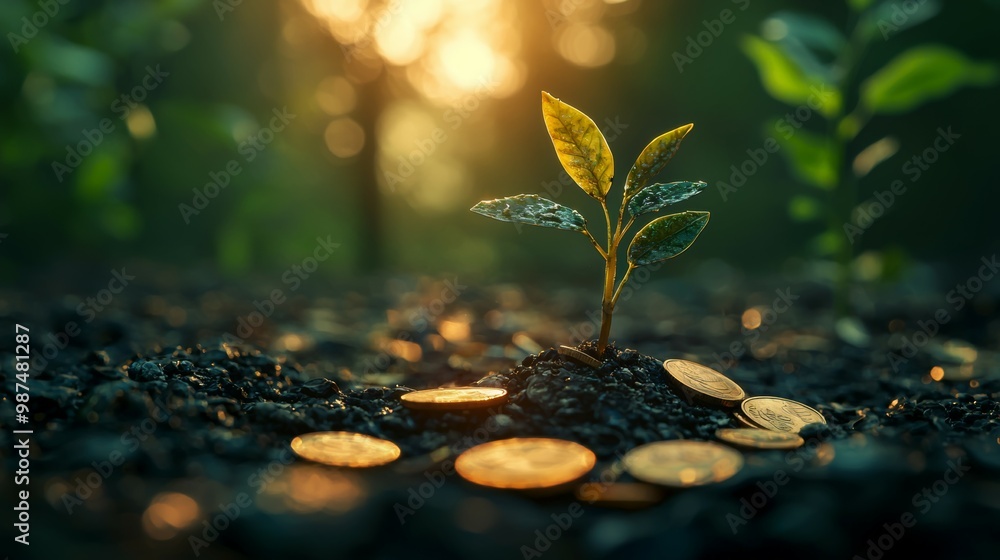 Seedling Growing From Coins in Soil Seedling Growing From Coins in Soil