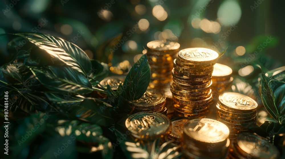 Golden Coins Stacked on Green Leaves with Bokeh Background Golden Coins Stacked on Green Leaves with Bokeh Background